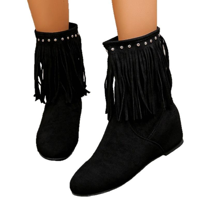 Large Size Flat-bottomed Fringed Boots Autumn and Winter New Suede Leather Boots Tide Round Head Short Boots