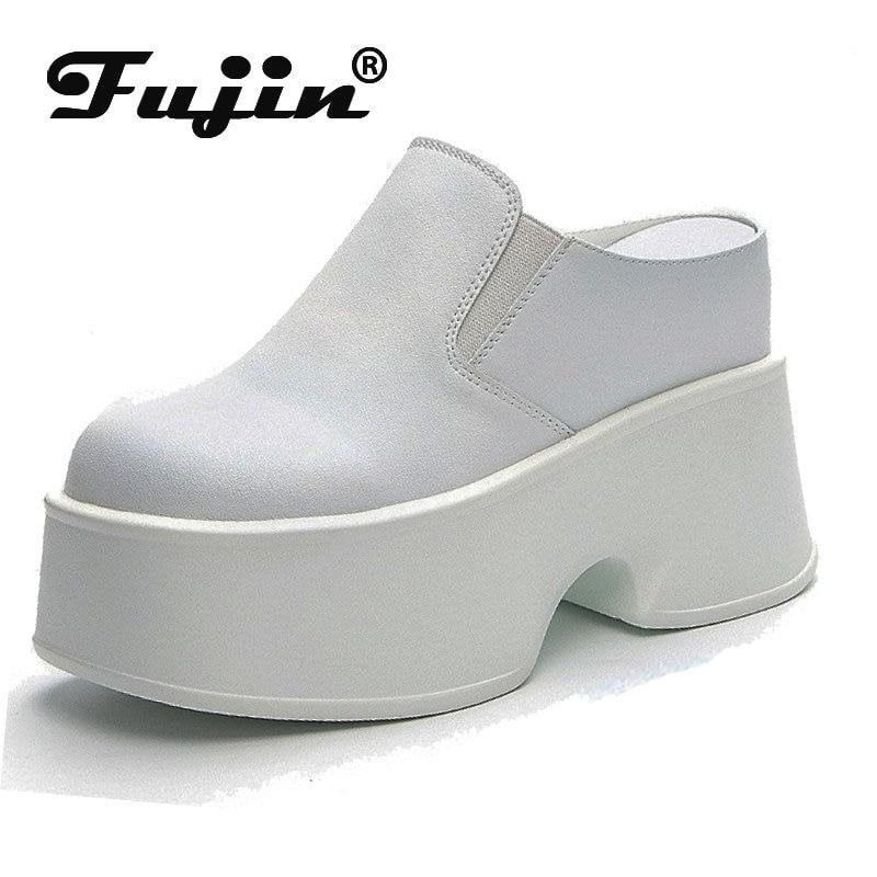 

Fujin/11 см тапочки на танкетке из натуральной кожи, кроссовки на платформе, женская обувь, женские летние мокасины на супер каблуке, дизайнерские ботинки 33 чёрный