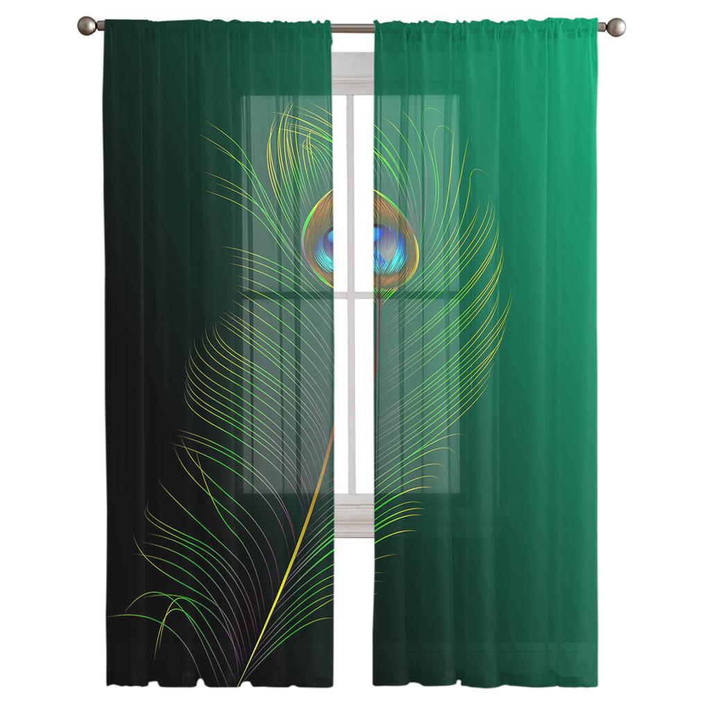 Green Peacock Feathers Window Treatment Tulle Modern Sheer Curtains for Kitchen Living Room the Bedroom Curtains Decoration