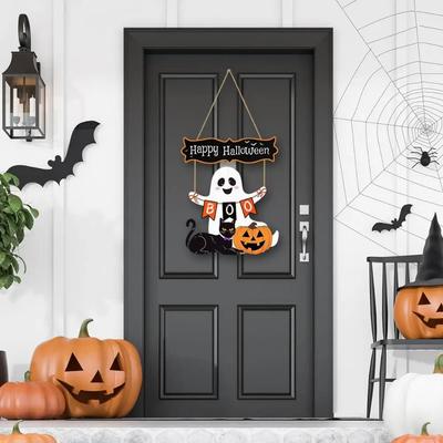 New Happy Halloween Door Hanging Pendant Wooden DIY Door Wreaths Pumpkin Courtyard Ornament Home Decoration