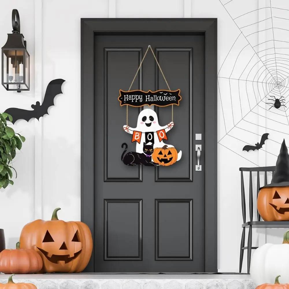 New Happy Halloween Door Hanging Pendant Wooden DIY Door Wreaths Pumpkin Courtyard Ornament Home Decoration