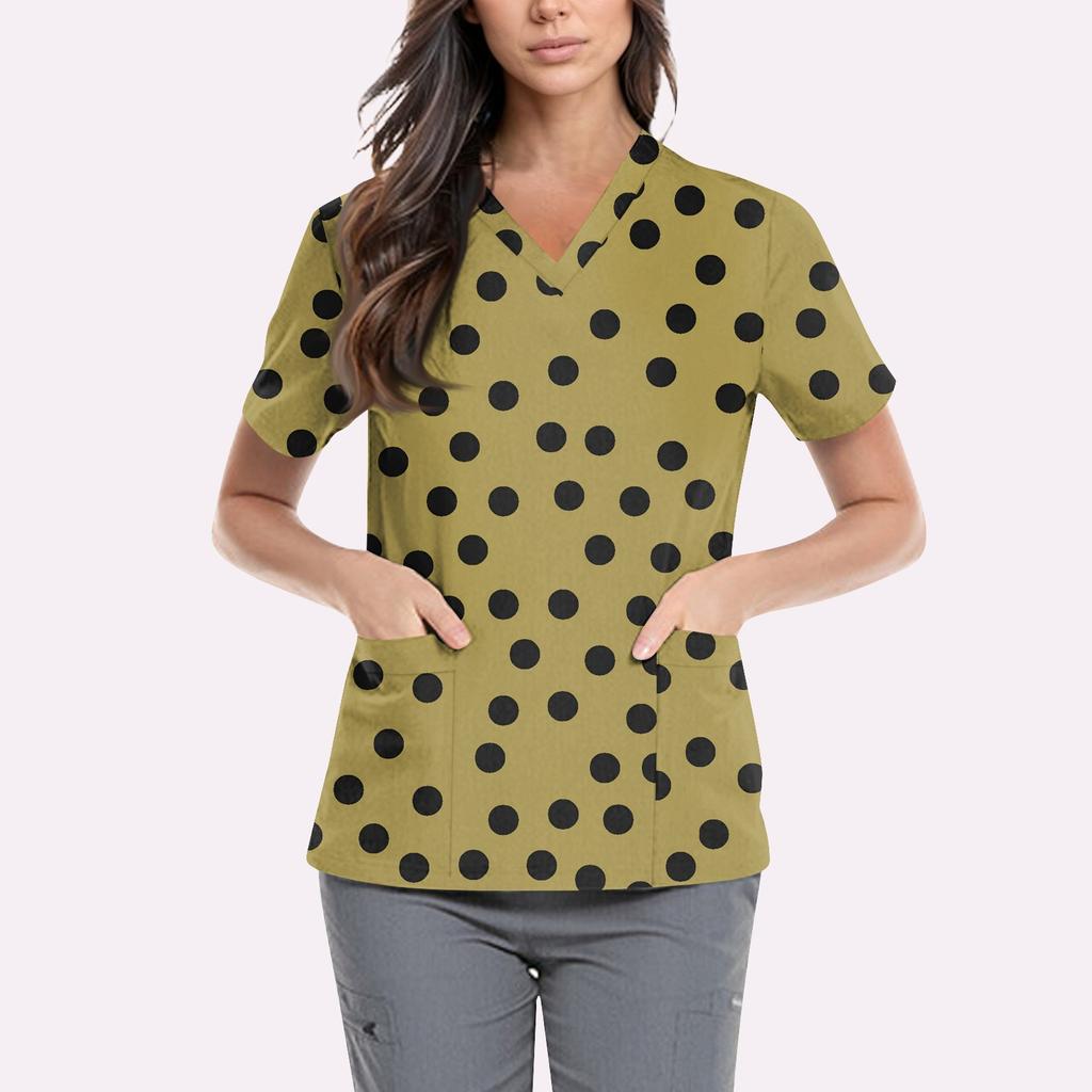Women's Cute Printed Work Clothes V-neck Double Layer Pockets Basic Short Sleeve Top Pullover Valentines
