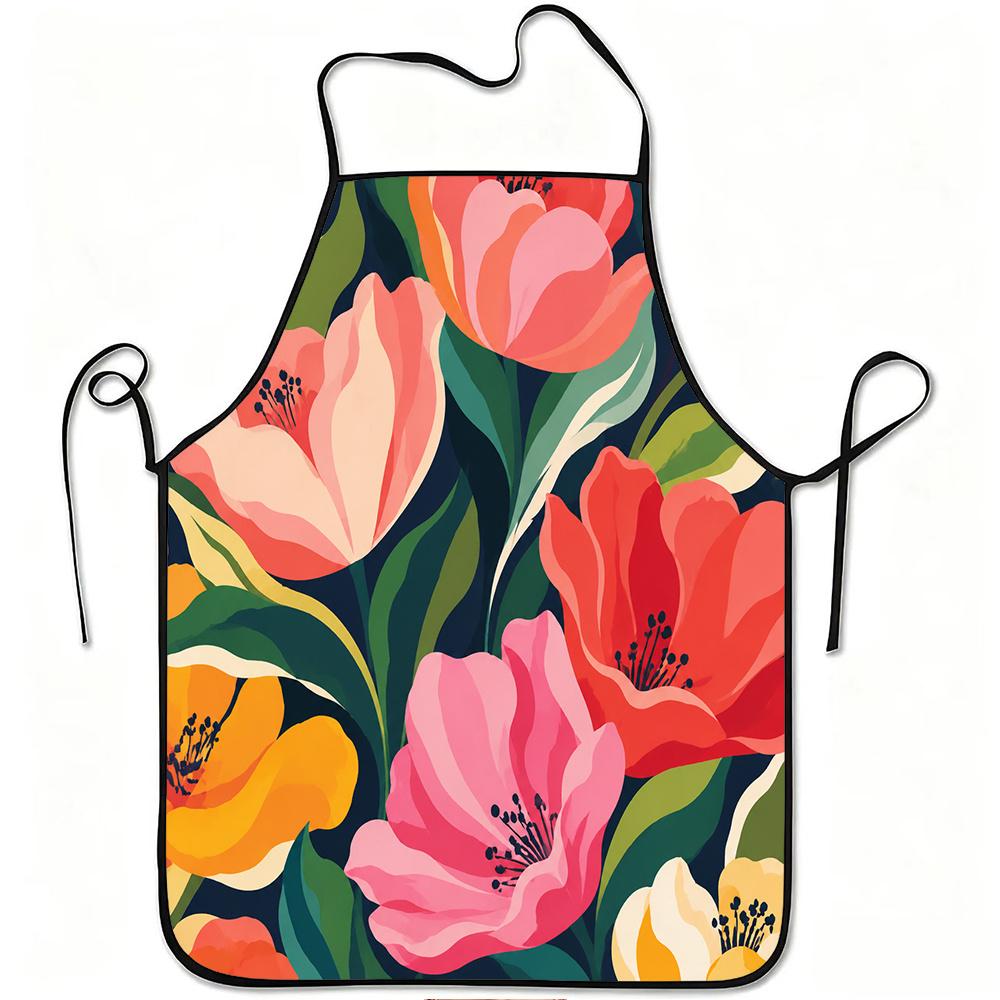 1pc Vibrant Tulip Floral Pattern Print Apron, Durable And Easy To Clean, Adjustable Waistband, Polyester Material, for Kitchen Cooking, Gardening, Orc