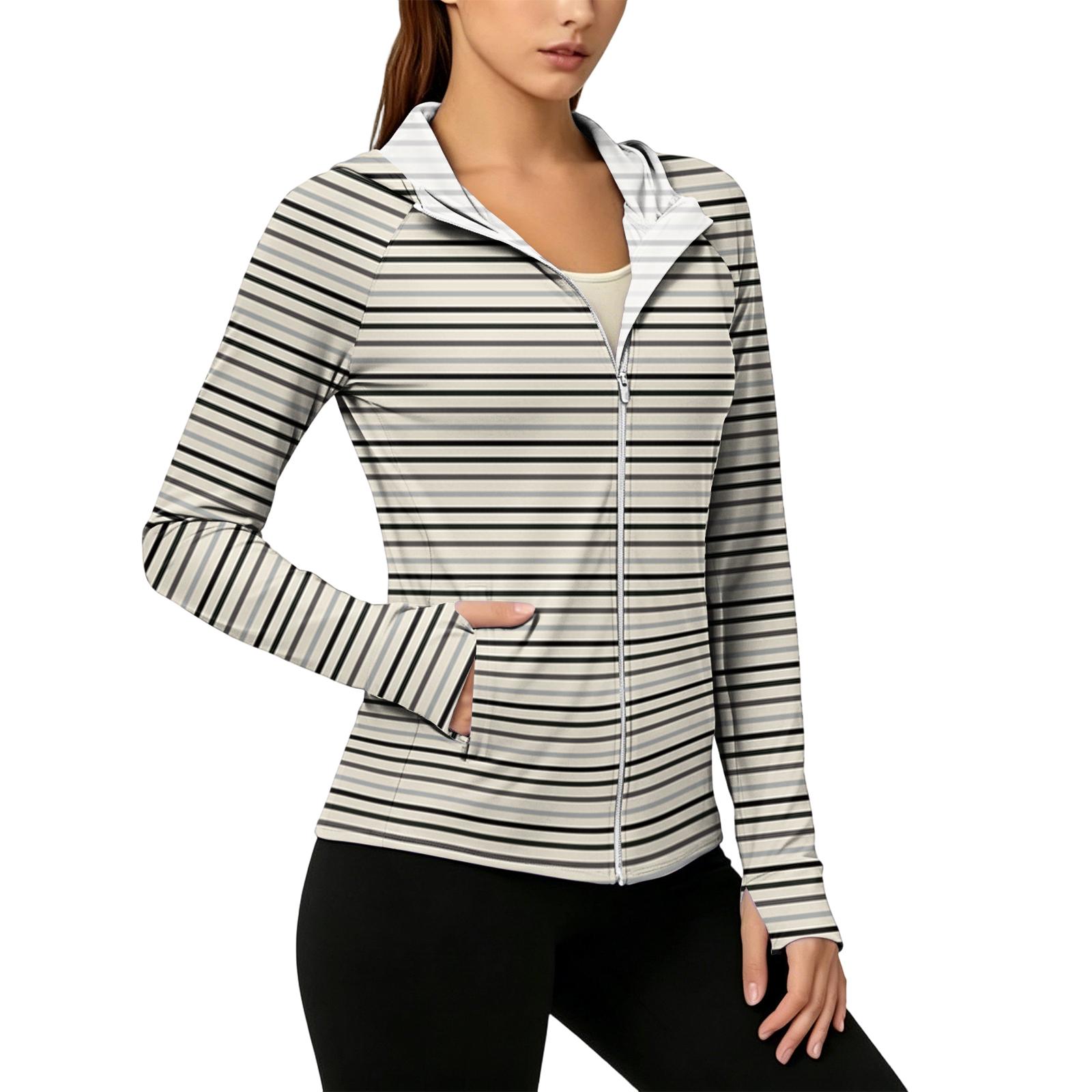

Women s Fashion Zip Up Hooded Long Sleeve Jacket With Striped Print & Pockets XL