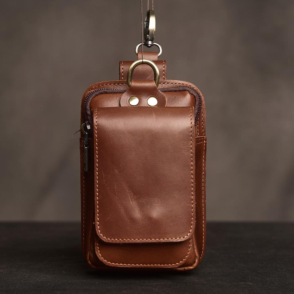 Men's Leather Waist Bag Trendy Men's Outdoor Sports Top Layer Cowhide Leather Bag Crazy Horse Leather Multifunctional Hanging Belt Mobile Phone Bag
