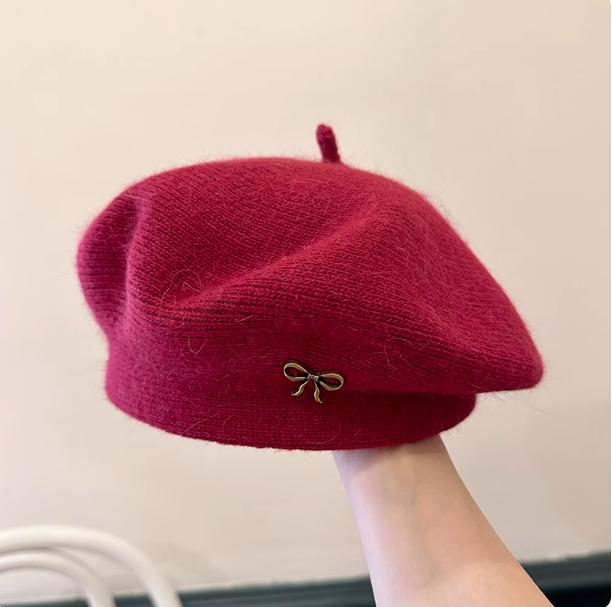 Autumn And Winter New Sweet And Versatile Style Retro Fashion Painter'S Hat Women'S Bow Rabbit Hair Knitted Beret