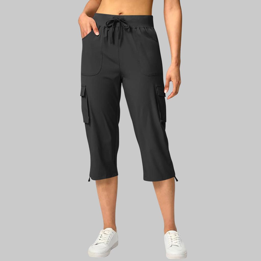Women’s Drawstring Waist Cargo Capris with Multiple Pockets and Adjustable Hem for Outdoor Activities