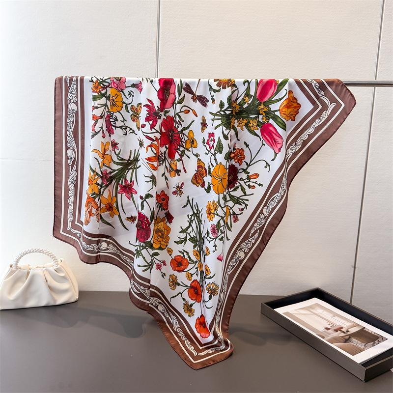 Korean Version Of Fresh Flower Satin Imitation Silk Printing Large Square Scarf Silk Scarf Shawl Headscarf Neck Protection Scarf Decorative Scarf
