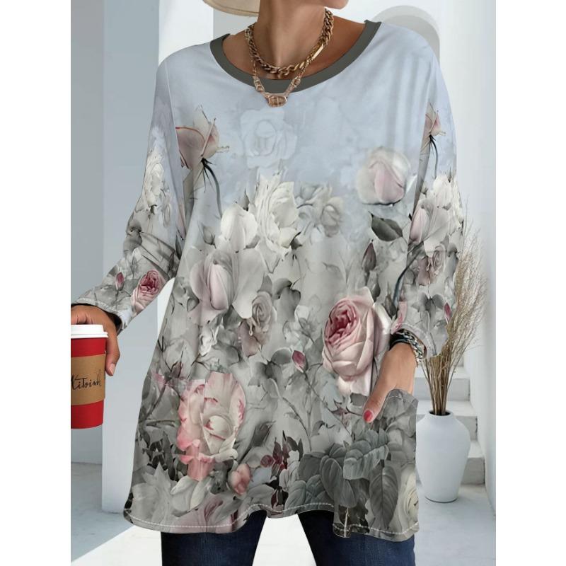 Women's Plus Size Oversized Full-Body Chinese Floral Print Blouse with Pockets - Loose Fit Long Sleeve Tunic Top, Round Neck Casual Shirt Suitable