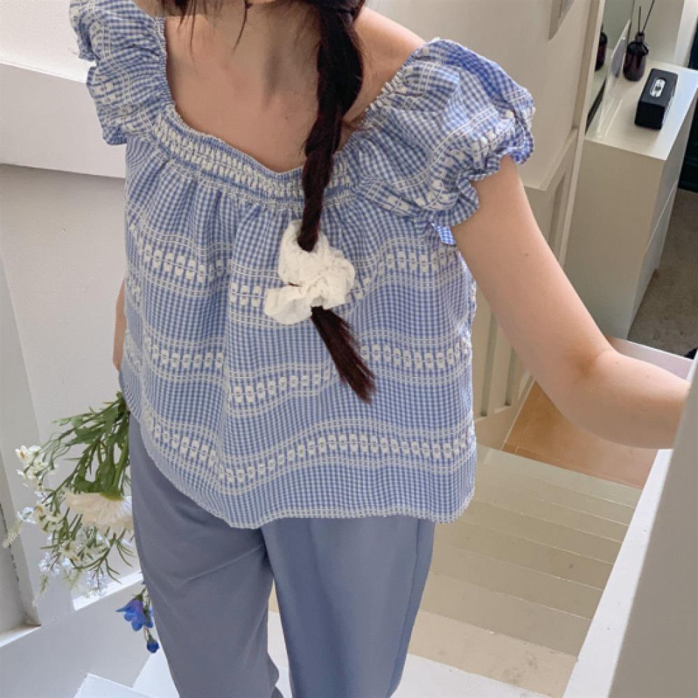 New ArrivalS Open Run Women S Off Shoulder Check Embroidery blouSe