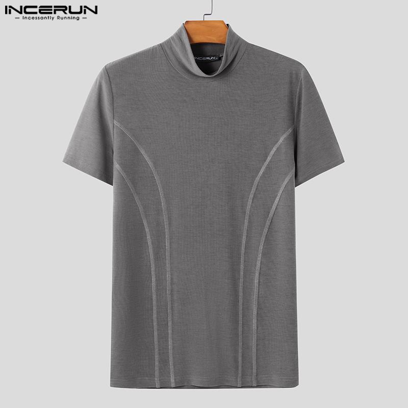 INCERUN Men Mockneck Short Sleeve Solid Color Casual Fittd T-shirts Tops