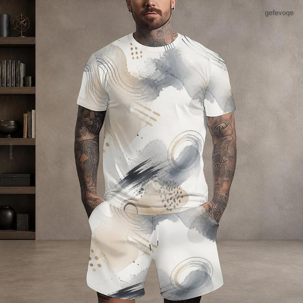 Men s Plus Size Printed Round Neck Short Sleeve Top And Shorts Two Piece Set