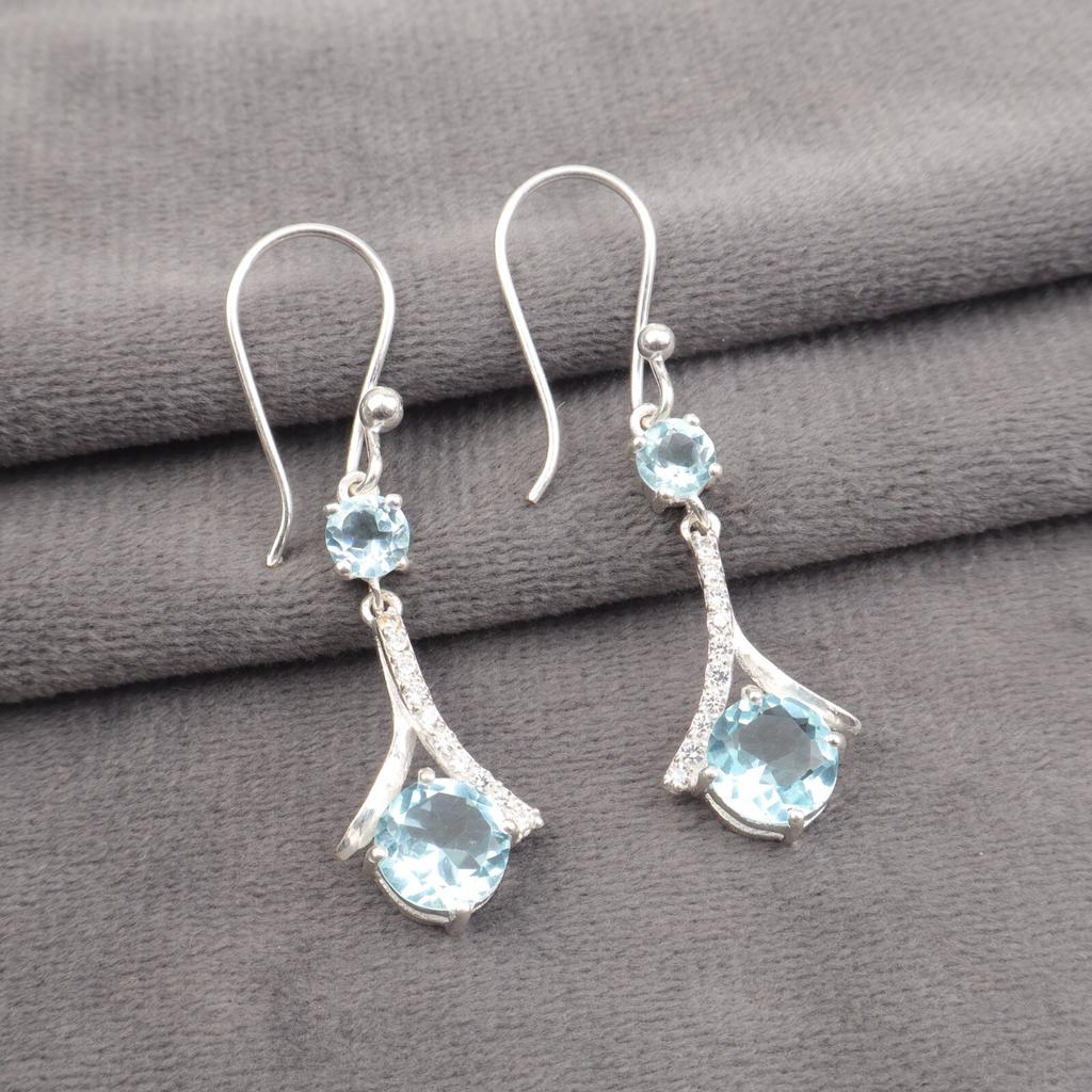 Sky Blue Topaz Gemstone 925 Solid Silver Jewelry Zircon Earrings 1.84" For Gift CZE-9-4