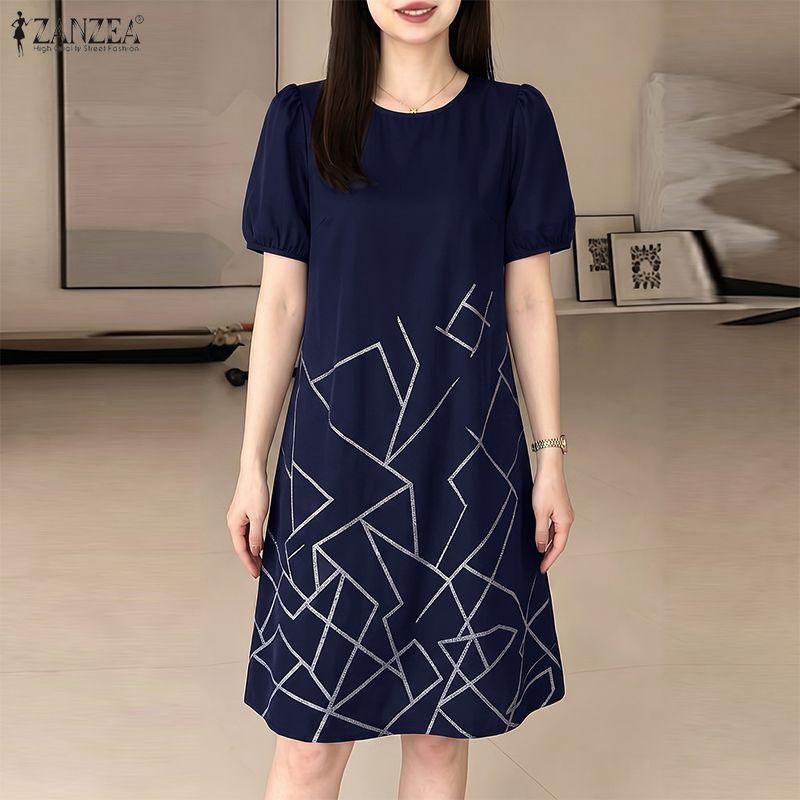 ZANZEA Women Casual Round Neck Short Sleeve Summer Print Dress S