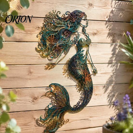 Weather Resistant Metal Art Mermaid Wall Decoration, Three-dimensional Hollow Iron Swimming Pool Area Decorations Sculpture, Retro Ocean Style Hanging