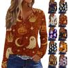 Womens Casual Long Sleeve V Neck Button Down Top Halloween Print Pullover Shirt Lightweight Comfortable Fit
