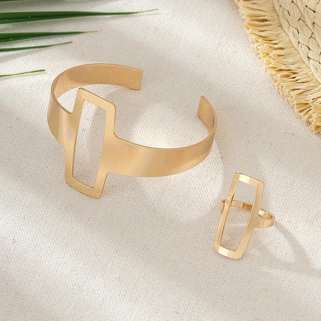 1 Set Trendy and Minimalist Geometric Square Jewelry Hollowed Out Ring and Bracelet Set Mother's Day Gift Jewelry Set