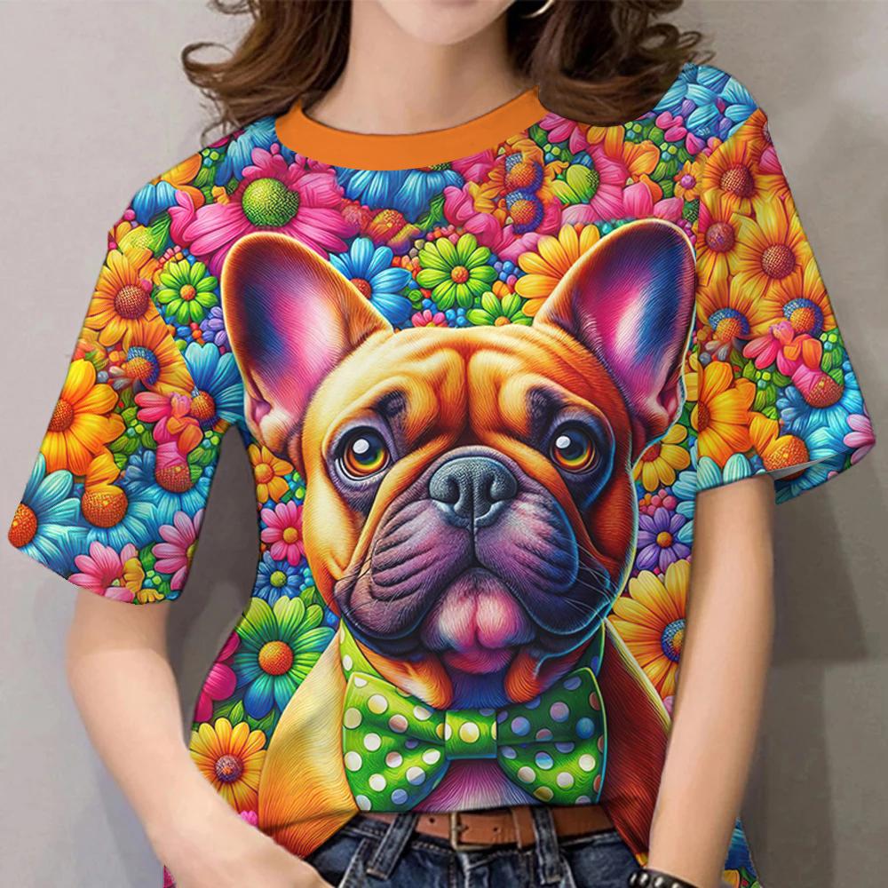 Women's T-Sleeve Contrast Color Puppy Pattern Printing Fashion Casual Y2k Women's Clothing High-Quality Short-Sleeved