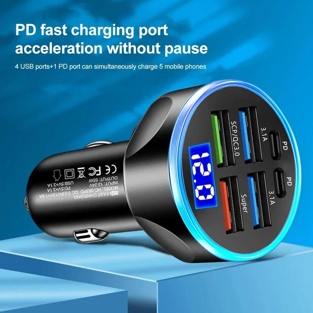 Car Mounted Charger with Led Digital Display 27W 6 in 1 Quick Adapter 4 Usb Port 2 Type-C Pd Car Charging Station Charger