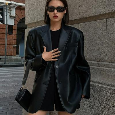 Black Leather Suit Jacket Women's Spring, Autumn and Winter Texture Loose Small Suit Clip