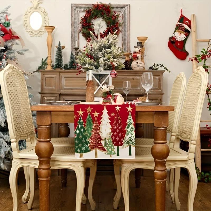 Christmas Table Runner - Rectangular Holiday Table Decoration, Red Christmas Tree Design, Suitable for Holiday Dining