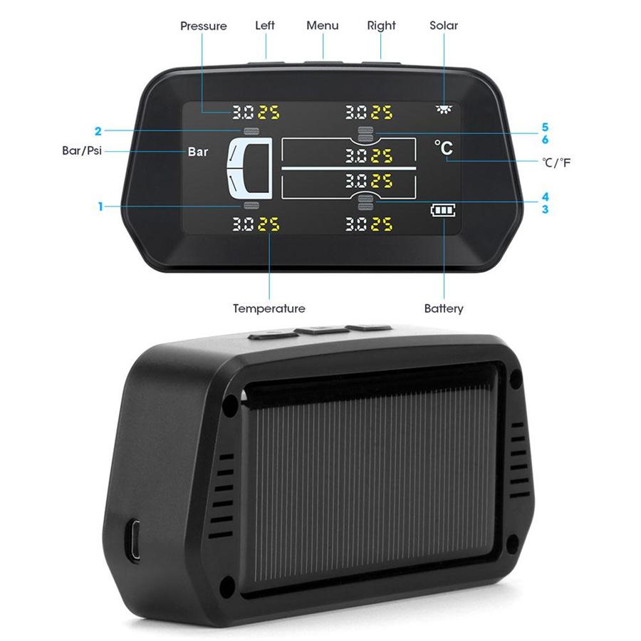 13Bar Car TPMS Tyre Pressure System Solar Power LCD Display+ 6 External Sensors Beep Alert