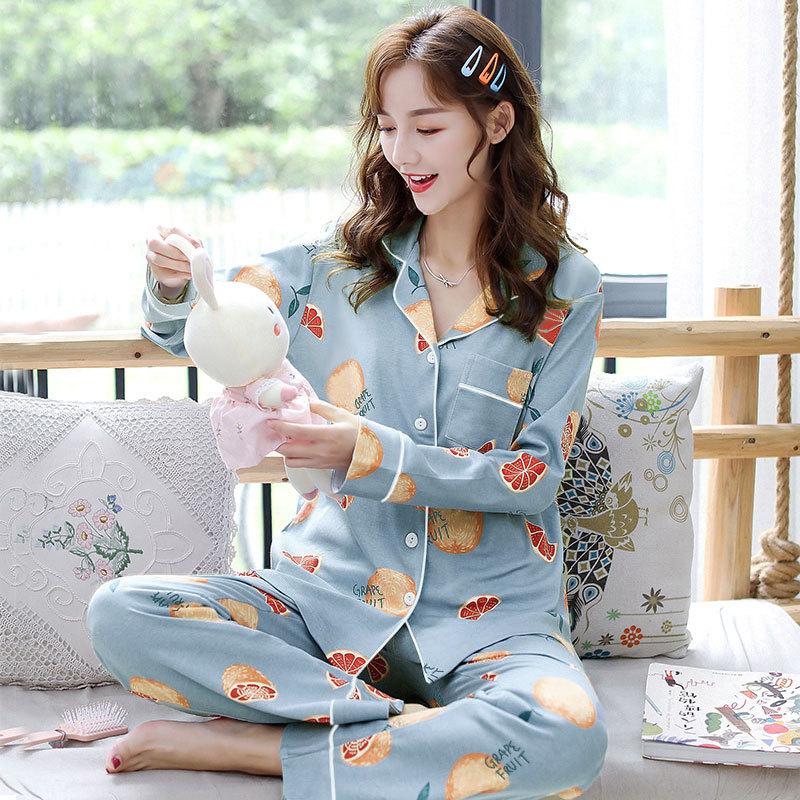Spring And Autumn Pajamas Women'S Cardigan Long-Sleeved Trousers Korean Girls' Simple Cartoon Loungewear Suit Can Be Worn Outside