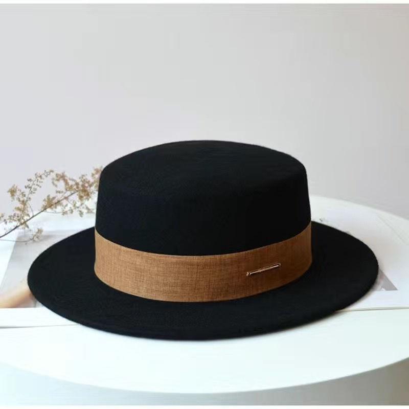 Hat Women's Autumn and Winter Retro British Hat Woolen Top Hat Wide Edge Fashion Versatile Ins Internet Celebrity Flat Top Hat