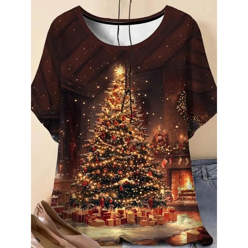 Moda para Mujer Cuello Redondo Manga Corta 3D Casual Estampado a Color Camiseta Casual de Manga Corta con Cuello Redondo