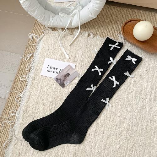 Women Stockings Knitted Cotton Thin Breathable Solid Color Long Socks Stockings Cute Bow Sweet Girls Lolita Knee Socks Stockings One Size