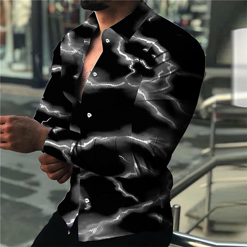 Men's Long-sleeved Shirt with Trendy Purple Lightning Flash Print Design, Stylish and Casual Open-front Top, Sizes