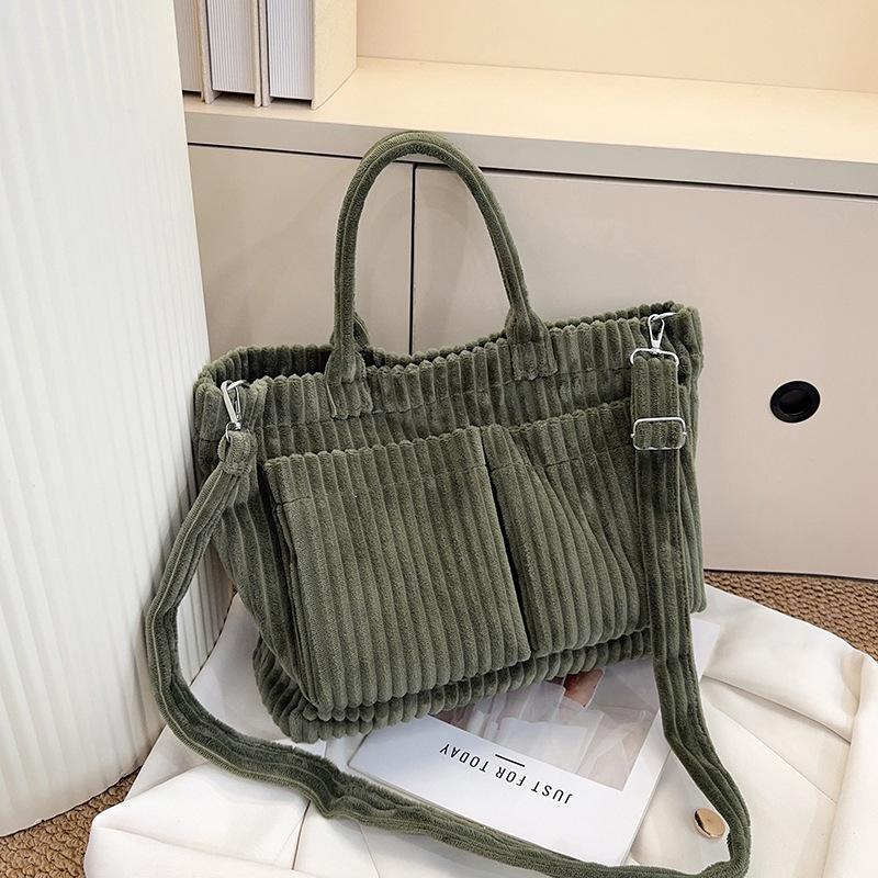Simple Solid Color Corduroy Shoulder Bags for Women Large Capacity Ladies Multi-Pocket Tote Handbags Student Crossbody Bag