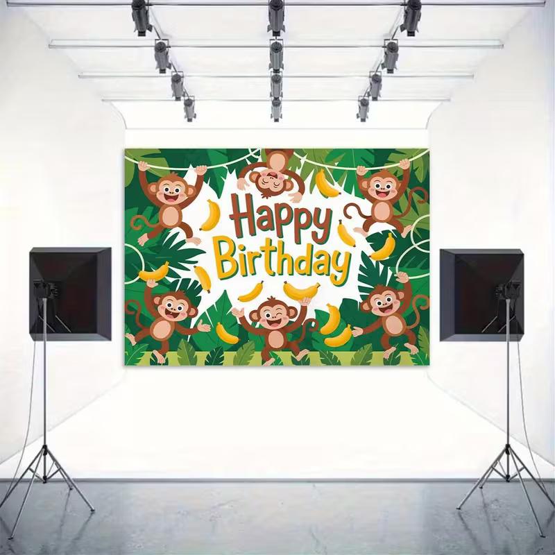 2D Cartoon Monkey Banana Birthday Backdrop Tropical Jungle Background for Children