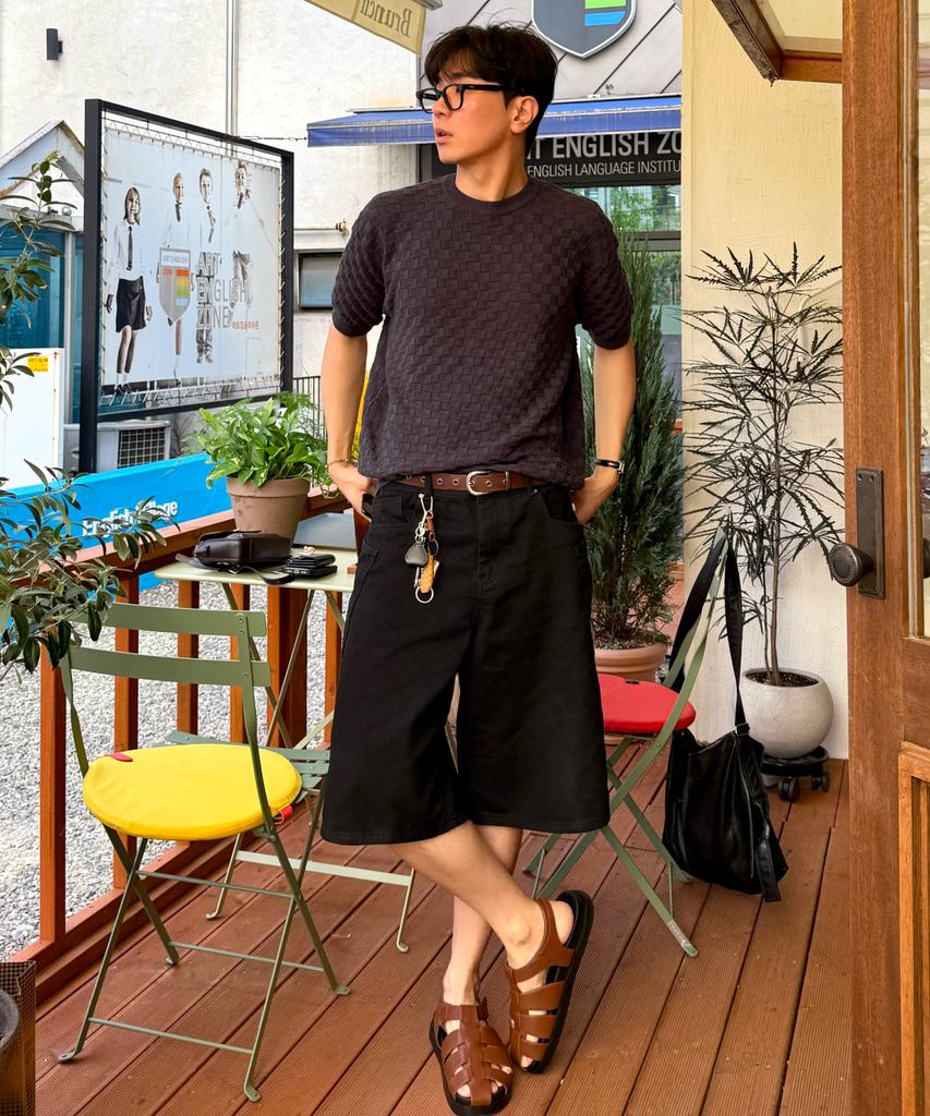 Beodeonteu Layered Cargo Twill Cotton Bermuda Shorts [Black]