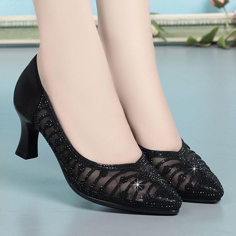 Scarpe da Donna a Punta Moda Rete Strass Tacco Alto Slip-On Punta Acuta Nero Champagne Dropshipping