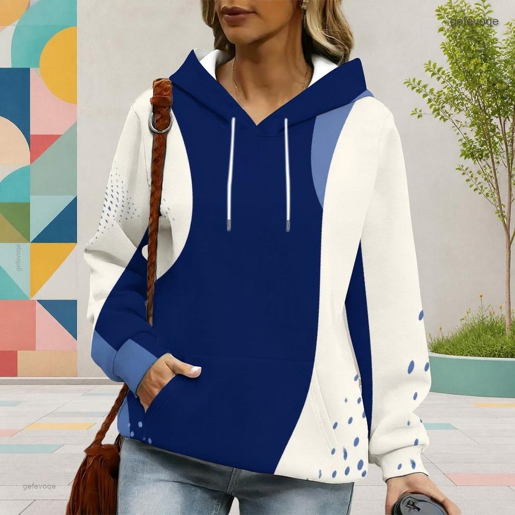 Women Plus Size Long Sleeve Geometric Printed Blue White Hoodie Pullover With Kangaroo Pocket