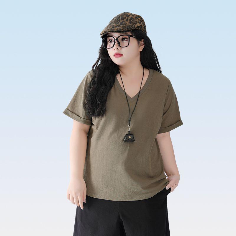 

Plus size women clothing [Tencel Linen Cool Feeling T] Summer Leisure V-neck Short sleeve T-shirt 100.00kg Belly Covering Loose Top