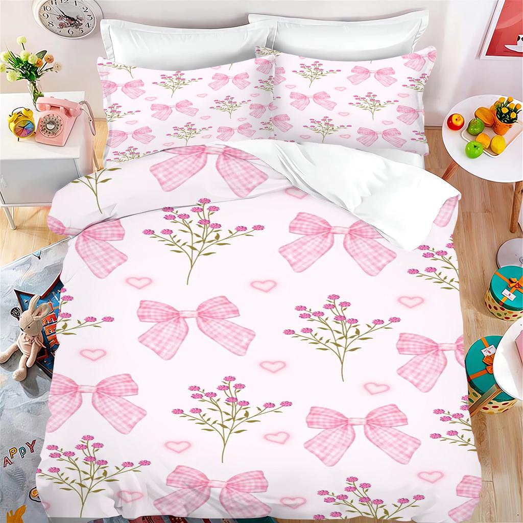 Lovely Bow Carton Anime Soft Duvet Cover Set Kawai Holiday Gifts Comfortable Quilt Covers Pilowcase Set Children Kids Beding Set Decor Quen King-Sized