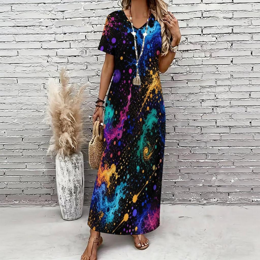 Women Plus Size V Neck Short Sleeve Black Golden Printed Straight Maxi Dress