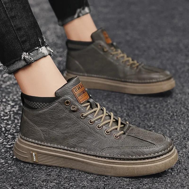Trend Men's Casual Leather Shoes   for Men High-top Black Casual Male Sneakers Platform Ankle Boots Tênis Masculino 2025
