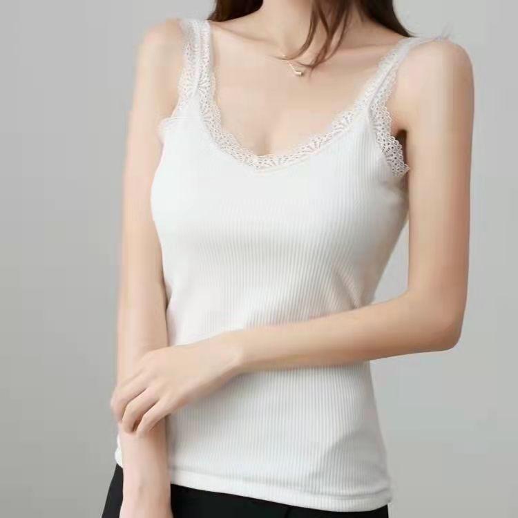 Plus Size V-neck Knit Lace Camisole - Sleeveless Pure Color Base Layer for Women