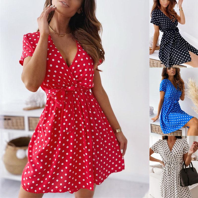 Women Summer Fashion Short Sleeve V Neck Mini Dress Female Polka Dot Split Dresses Vestidos for Women Beach Party Boho Dress