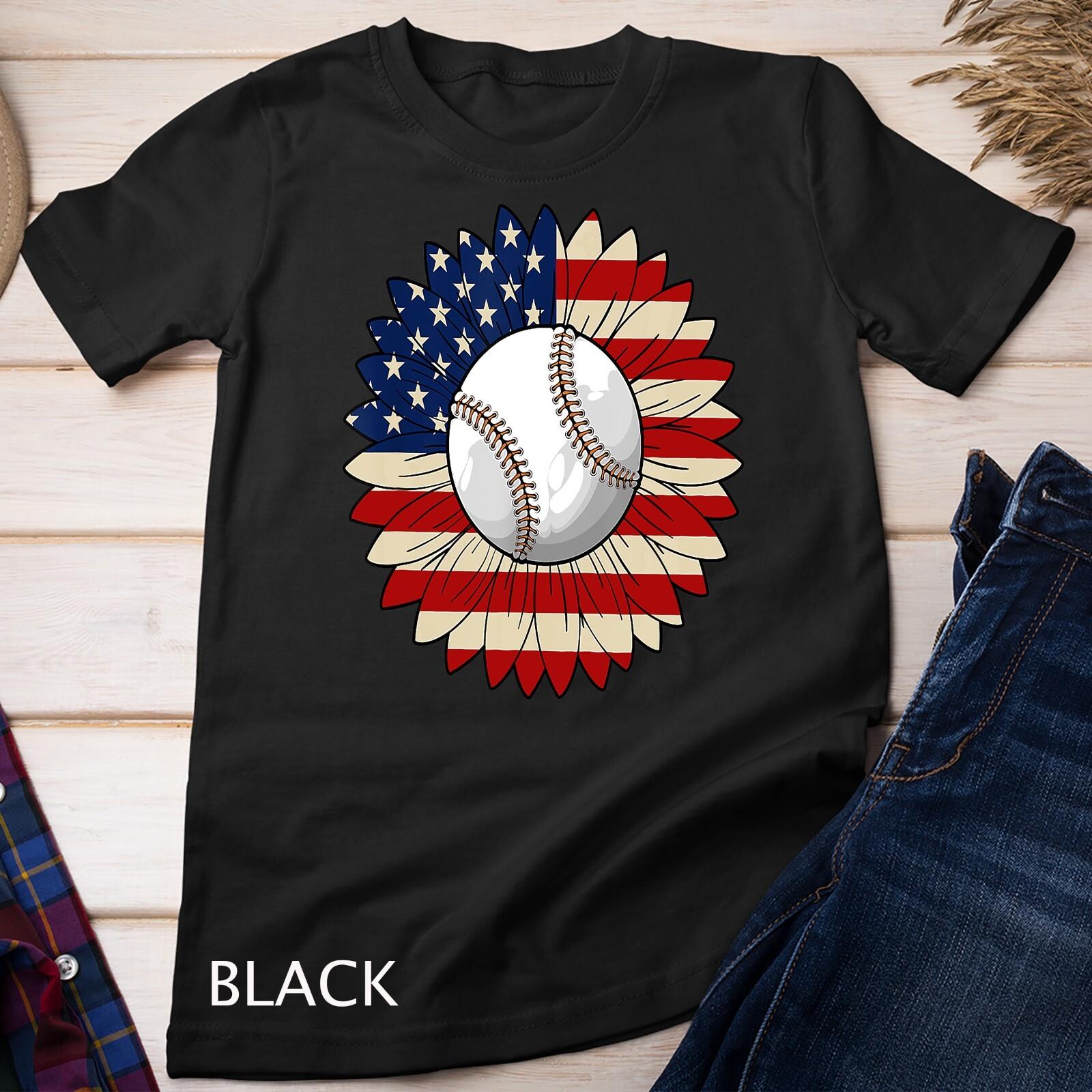 Sunflower Baseball Women Patriotic American Flag 4th of July Unisex T-Shirt Mens Womens Tees Top 4XL