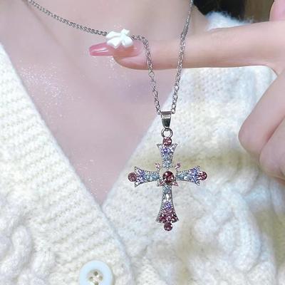 Pink Zircon Cross Necklace Purple Love Heart Cross Pendant Necklaces for Women Gothic Y2K Jewelry Party Girls Accessories 2024