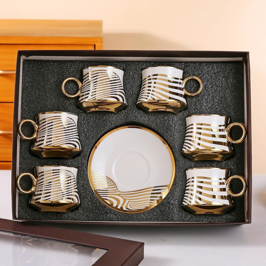 Classic European Style Ceramic Coffee Cup, Gold-plated Ceramic Cup, Trendy Coffee Cup, 6 Cups, 6 Plates Gift Box Set