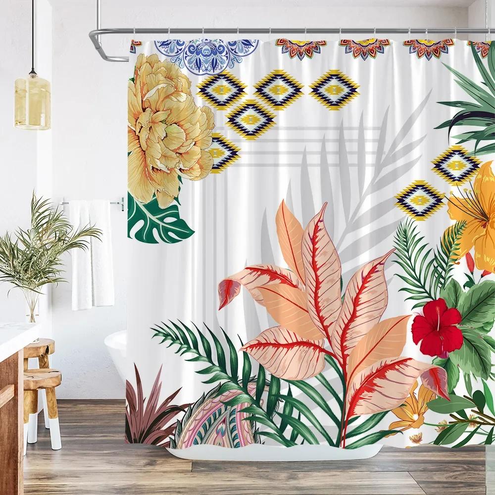 Tropical Plants Floral Shower Curtains Beige Green Palm Leaves Flowers Nordic Decor Bathroom Polyester Bath Curtain with Hooks