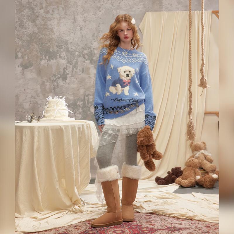 UNIFREE Retro Cat Jacquard Colorblock Pullover Sweater