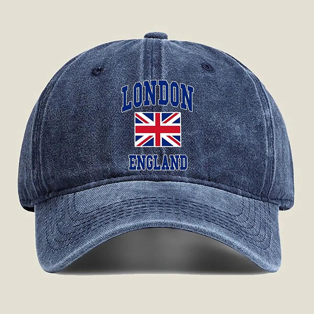 London England design with Union Jack flag and bold text national and location related Washed Baseball Cap One Size