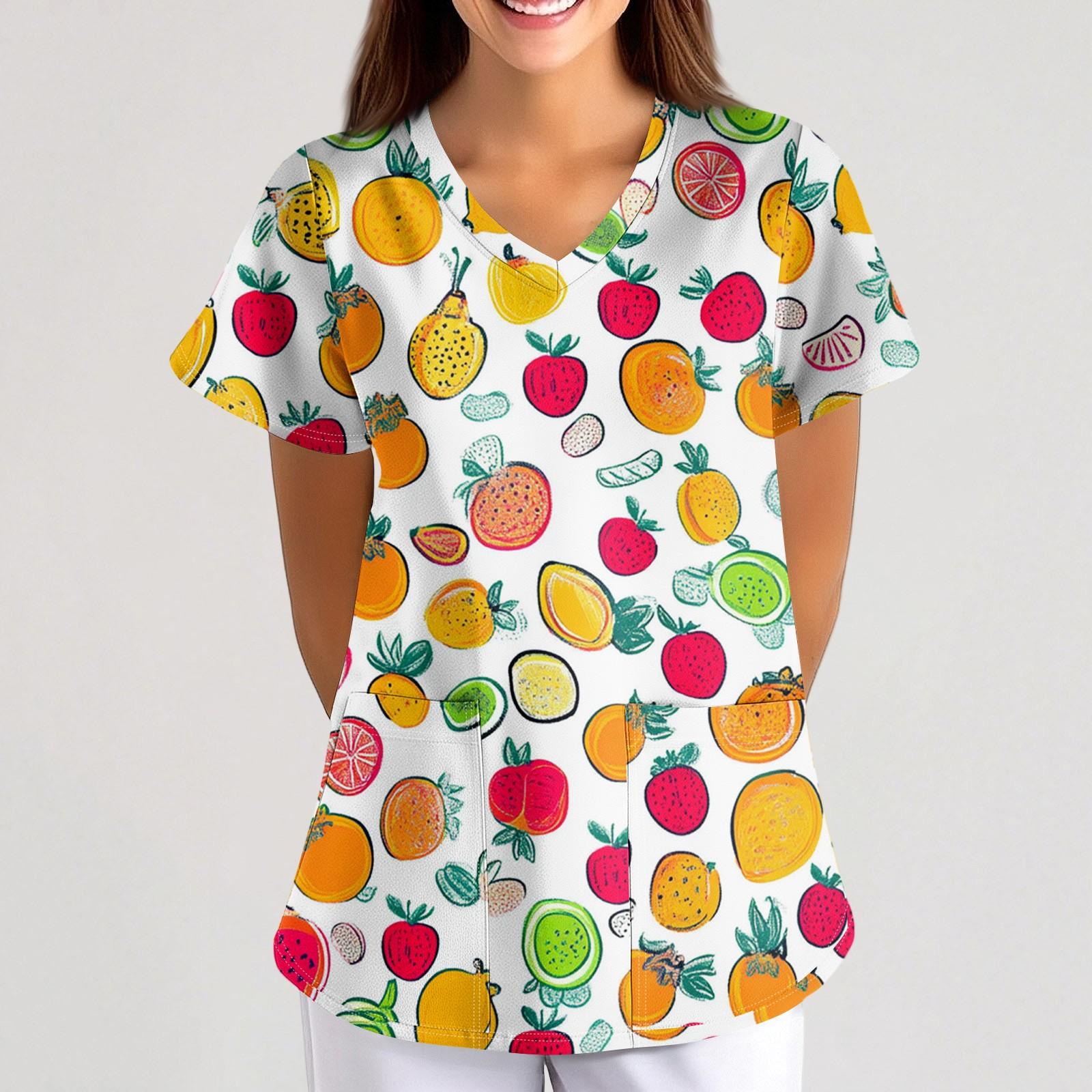 

Женская свободная униформа с фруктово-цветочным принтом, V-образным вырезом, карманом и коротким рукавом XL жёлтый