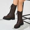 2025 Design Female Mid Calf Boots Round Toe Thick Heels 5cm Platform Lace Up Big Size 42 43 Vintage Soft Daily Bota